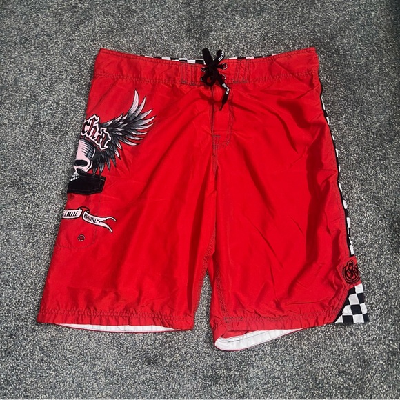 Y2K Style Gotcha Swim Board Shorts Men Size 38 Skull Wings Checkered - Picture 1 of 7